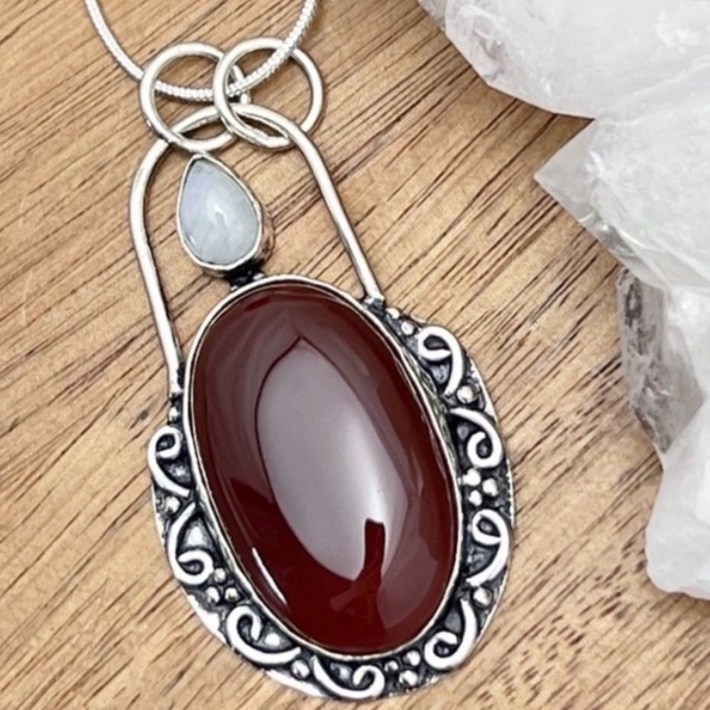 Carnelian Moonstone Pendant sterling silver 925 - Picture 1 of 4